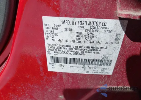 2007 Ford Edge Se from USA, damaged, VIN 2FMDK36C87BB32054